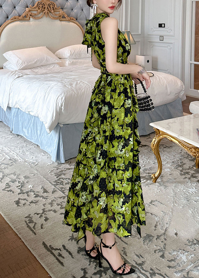 Bohemian Green Print High Waist Chiffon Holiday Long Dress Summer