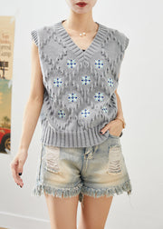 Bohemian Grey V Neck Embroideried Knit Vest Fall