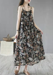 Bohemian Khaki Print Wrinkled Linen Spaghetti Strap Dress Sleeveless