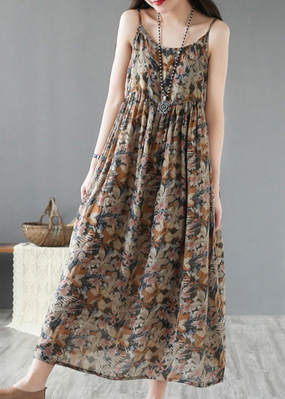 Bohemian Khaki Print Wrinkled Linen Spaghetti Strap Dress Sleeveless