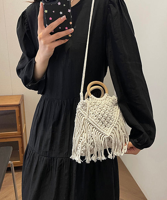 Bohemian Khaki Tassel Hollow Out Woven Crossbody Bag