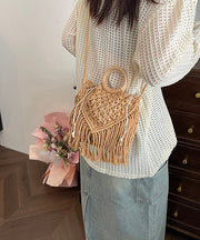 Bohemian Khaki Tassel Hollow Out Woven Crossbody Bag