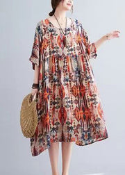 Bohemian Orange O-Neck Print Holiday Maxi Dress Summer