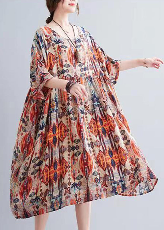 Bohemian Orange O-Neck Print Holiday Maxi Dress Summer