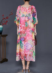 Bohemian Pink Print Exra Large Hem Chiffon Dresses Lantern Sleeve