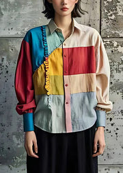 Bohemian Rainbow Ruffled Patchwork Button Tops Long Sleeve