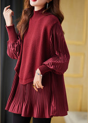 Bohemian Red High Neck Patchwork Knit Pleated Shirts Spring