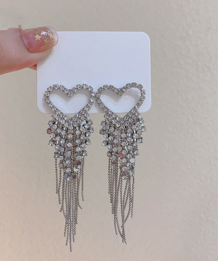 Bohemian Silk Sterling Silver Zircon Love Tassel Drop Earrings