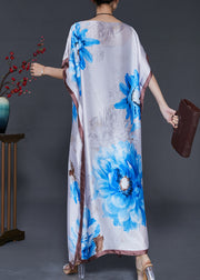 Bohemian White Flower Print Silk Maxi Dresses Summer