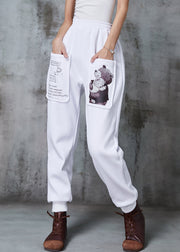 Bohemian White Oversized Bear Print Warm Fleece Pants Winter