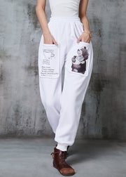 Bohemian White Oversized Bear Print Warm Fleece Pants Winter