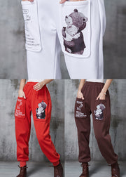 Bohemian White Oversized Bear Print Warm Fleece Pants Winter