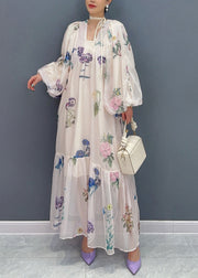 Bohemian White Print Chiffon Long Dresses Lantern Sleeve