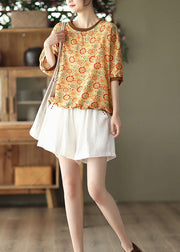 Bohemian Yellow O Neck Print Patchwork Linen Top Summer