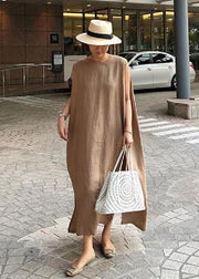 Bohemian O Neck Side Open Linen Cotton Clothes Fabrics Khaki Dress