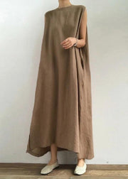 Bohemian O Neck Side Open Linen Cotton Clothes Fabrics Khaki Dress