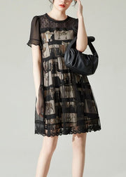 Boho Black O-Neck Patchwork Tulle Mid Dress Summer