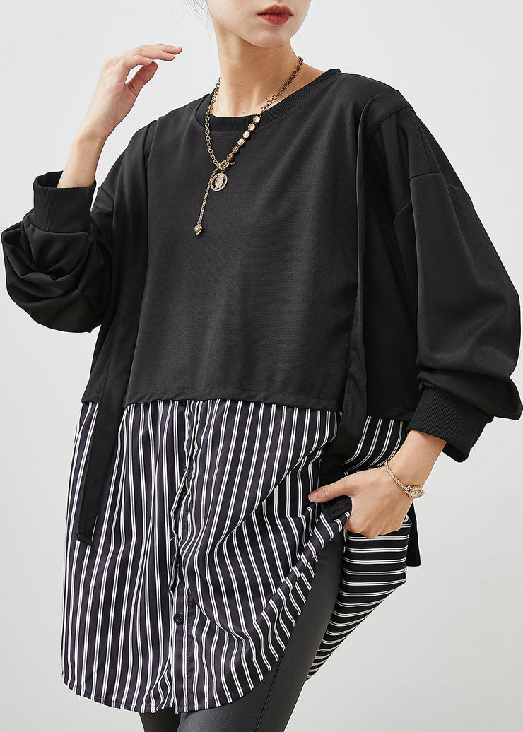 Boho Black Oversized Patchwork Striped Cotton Sweatshirt Spring