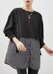 Boho Black Oversized Patchwork Striped Cotton Sweatshirt Spring