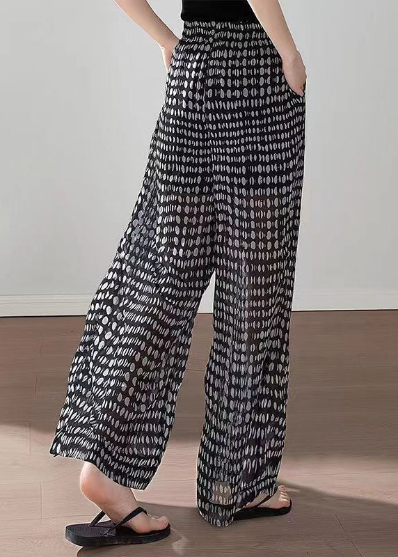 Boho Black Pockets Print Elastic Waist Chiffon Pants Summer