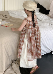 Boho Coffee Plaid Square Collar Side Open Tie Waist Cotton Kids Girls Long Dress Summer