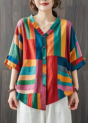 Boho Colorblock V Neck Striped Linen Blouse Top Summer