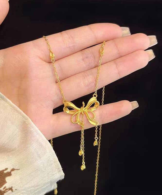 Boho Gold Copper Overgild Bow Love Tassel Pendant Necklace