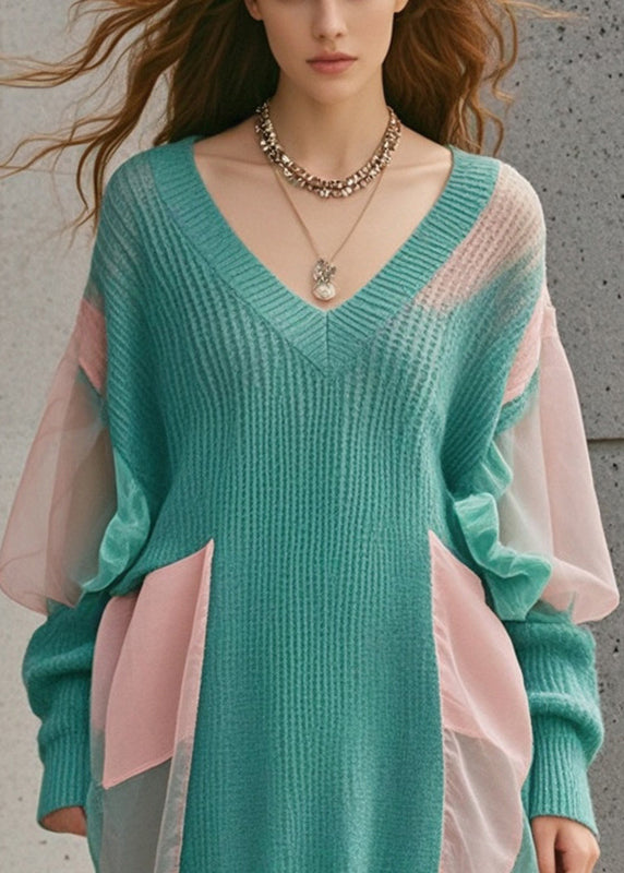 Boho Green Oversized Patchwork Tulle Long Sweater Fall