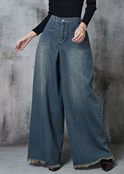 Boho Navy Elastic Waist Pockets Denim Wide Leg Pants Spring