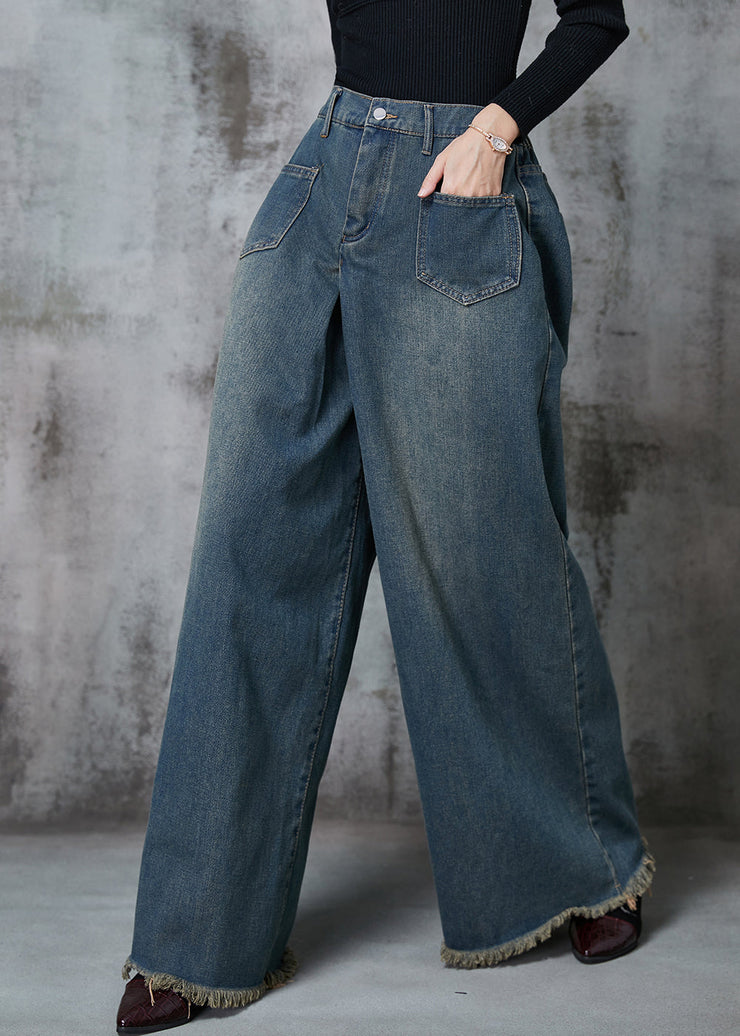 Boho Navy Elastic Waist Pockets Denim Wide Leg Pants Spring