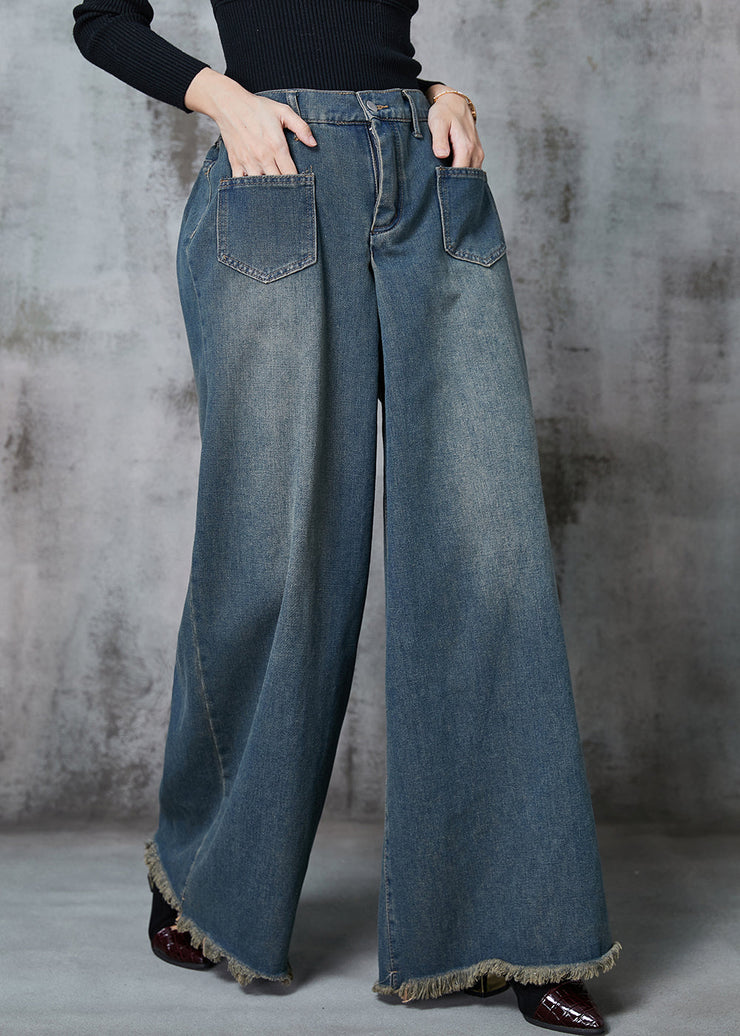 Boho Navy Elastic Waist Pockets Denim Wide Leg Pants Spring