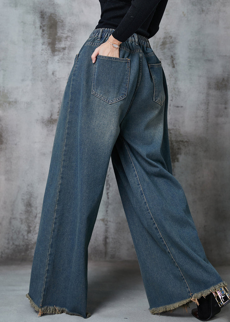 Boho Navy Elastic Waist Pockets Denim Wide Leg Pants Spring