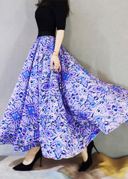 Boho Purple Wrinkled Print Exra Large Hem Loose Cotton Skirts Spring