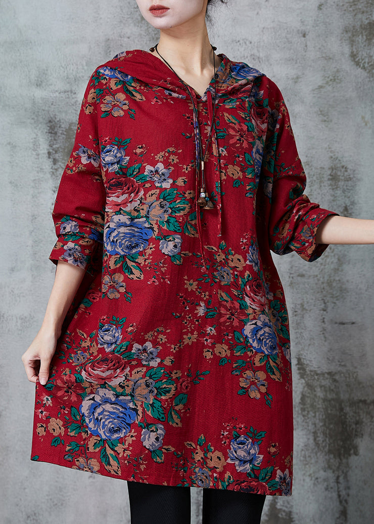 Boho Red Oversized Print Cotton Loose Sweatshirts Dress Spring