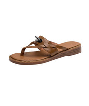 Boho Splicing Flip Flops Slide Sandals Brown Faux Leather