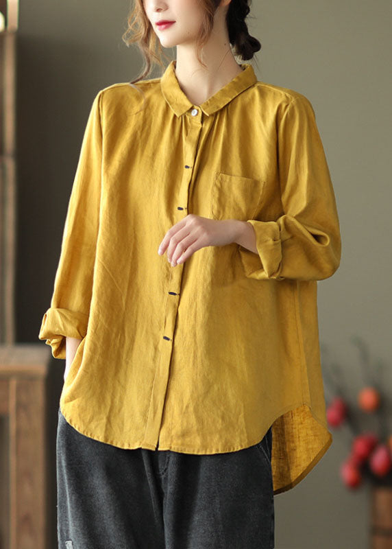 Boho Yellow Peter Pan Collar Patchwork Linen Shirts Top Long Sleeve