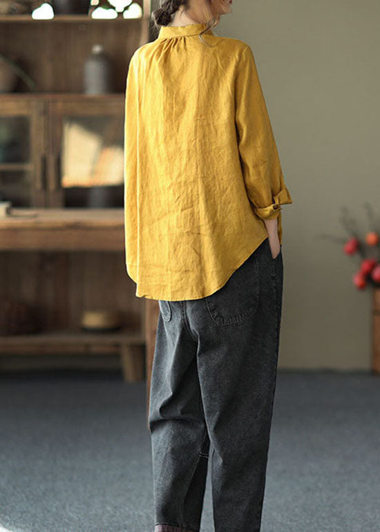 Boho Yellow Peter Pan Collar Patchwork Linen Shirts Top Long Sleeve