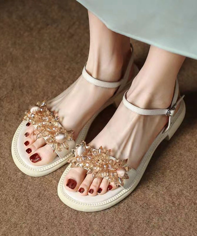 Boutique Beige Cowhide Leather CrystalSplicing Sandals Peep Toe