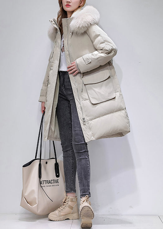 Boutique Beige Fur Collar Hooded Drawstring Duck Down Coat Winter