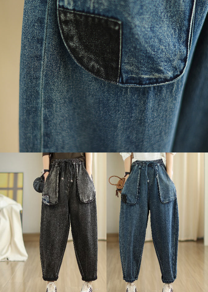 Boutique Black Oversized Patchwork Pockets Denim Pants Spring