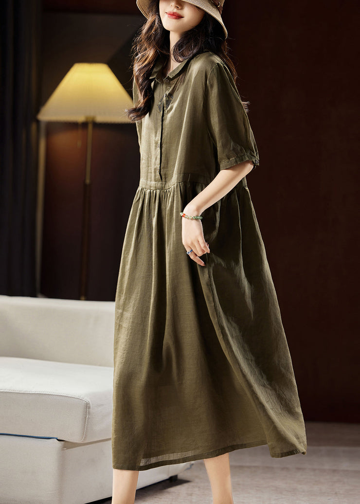 Boutique Green Peter Pan Collar Patchwork Linen Long Dresses Short Sleeve