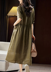 Boutique Green Peter Pan Collar Patchwork Linen Long Dresses Short Sleeve