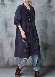 Boutique Navy Embroidered Patchwork Cotton Robe Dresses Spring