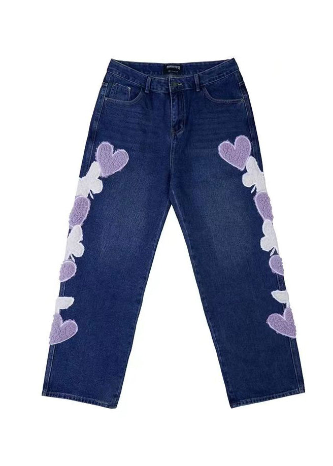 Boutique Navy Heart Embroideried Pockets Denim Wide Leg Pants Spring