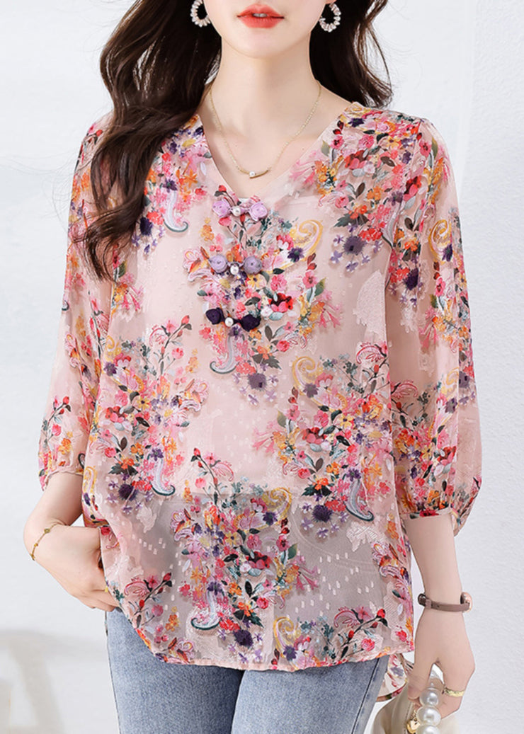 Boutique Pink V Neck Print Button Chiffon Shirt Fall