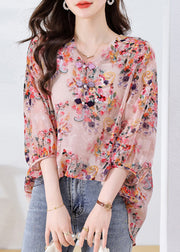 Boutique Pink V Neck Print Button Chiffon Shirt Fall