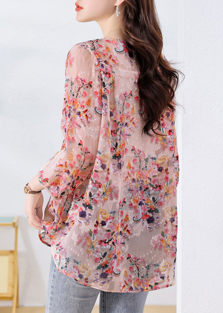 Boutique Pink V Neck Print Button Chiffon Shirt Fall