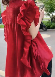 Boutique Red Ruffled Patchwork Chiffon Shirt Summer