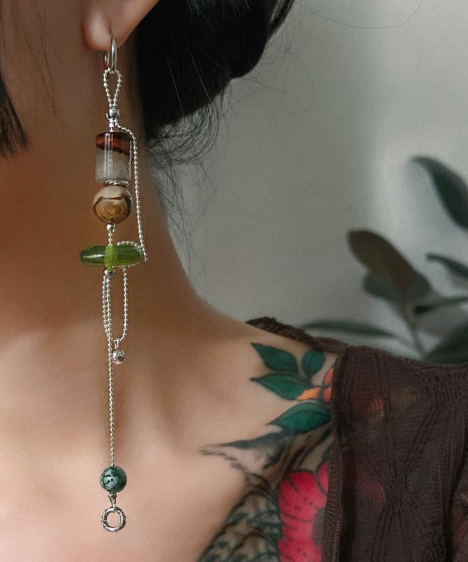 Boutique Silk Stainless Steel Asymmetrical Resin Natural Stone Tassel Drop Earrings