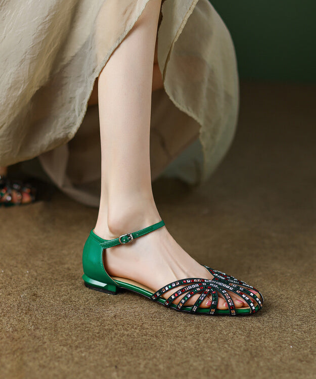 Boutique Splicing Zircon Hollow Out Sandals Green Sheepskin